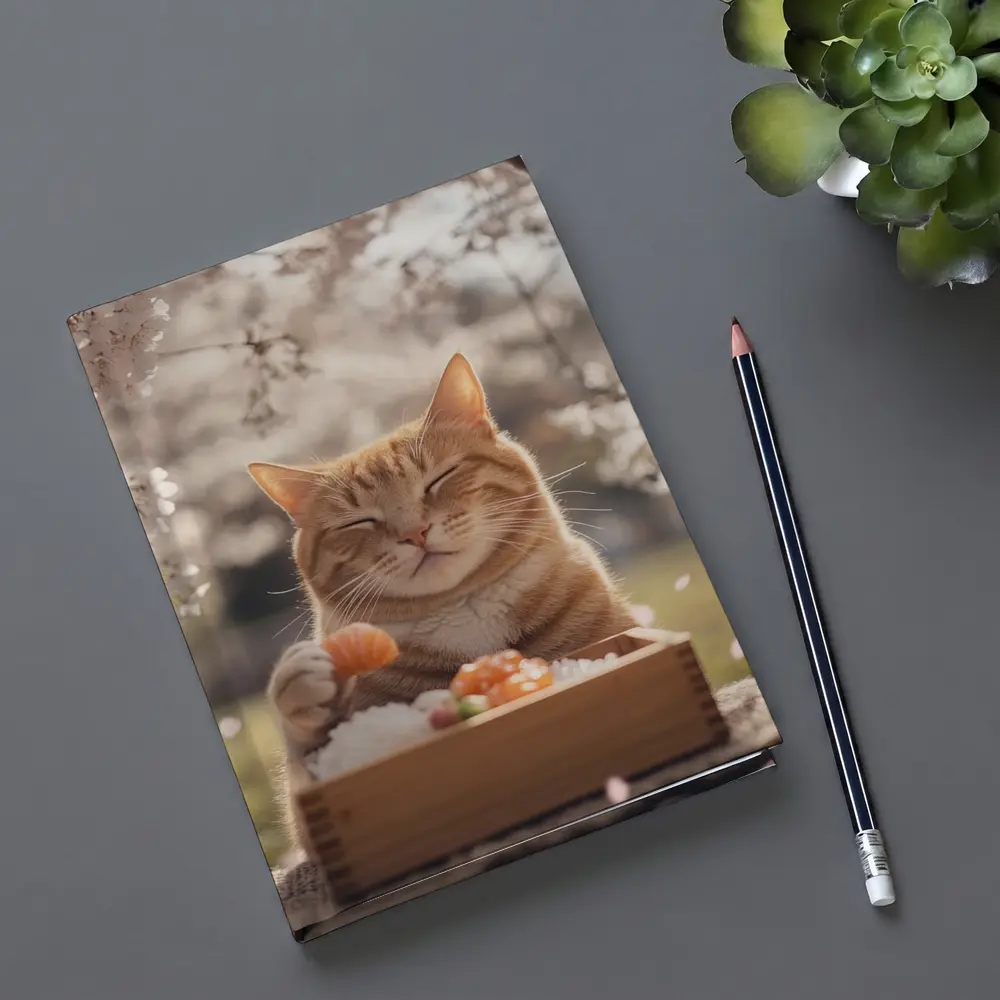 Happy Orange Cat Eating Sushi Cherry Blossoms – Notebooks