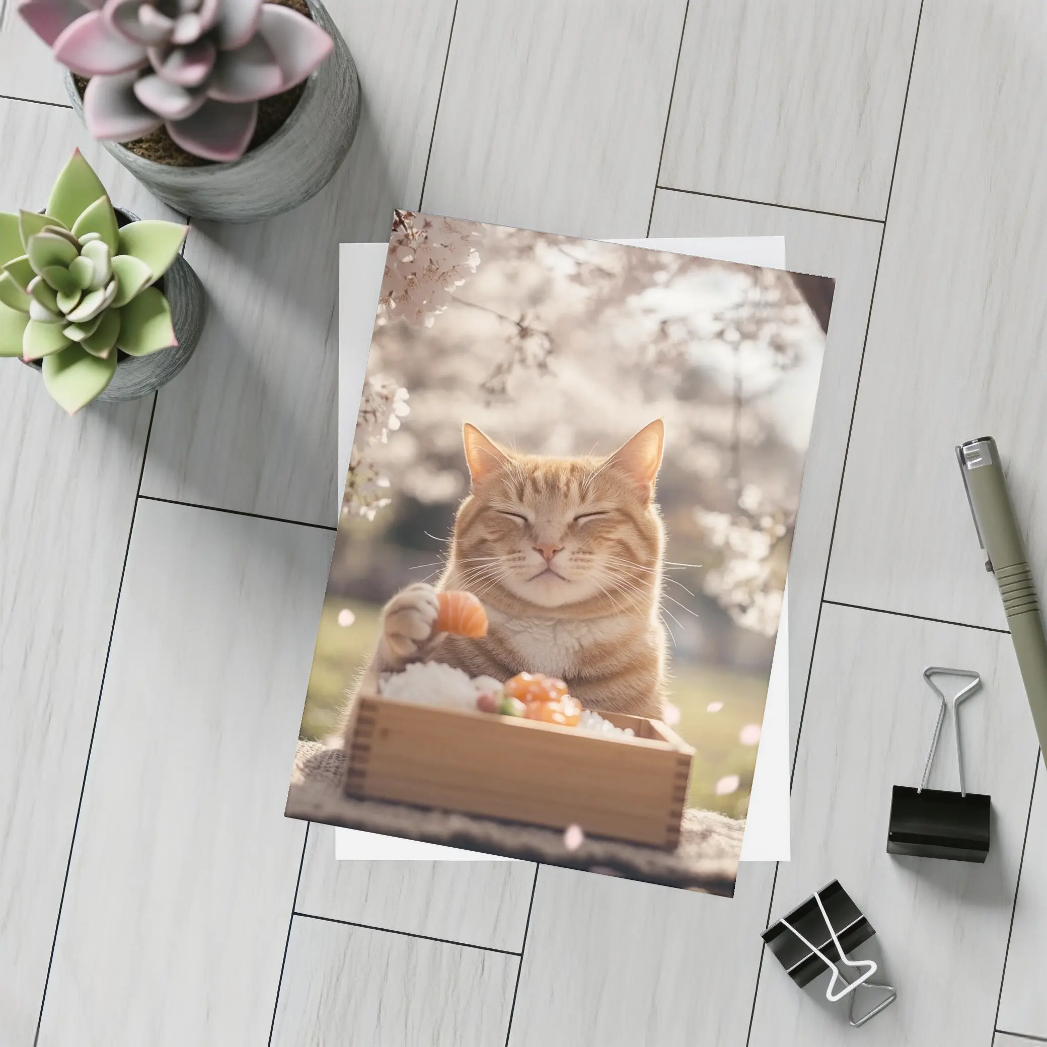 Happy Orange Cat Eating Sushi Cherry Blossoms – Postcards