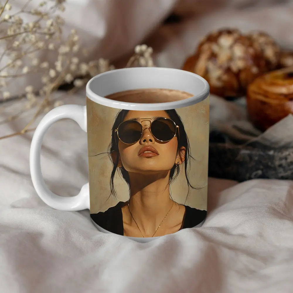 Woman Portrait Oil Painting Beige Background – Mugs