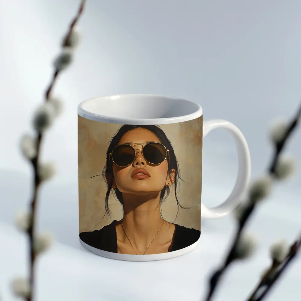 Woman Portrait Oil Painting Beige Background – Mugs