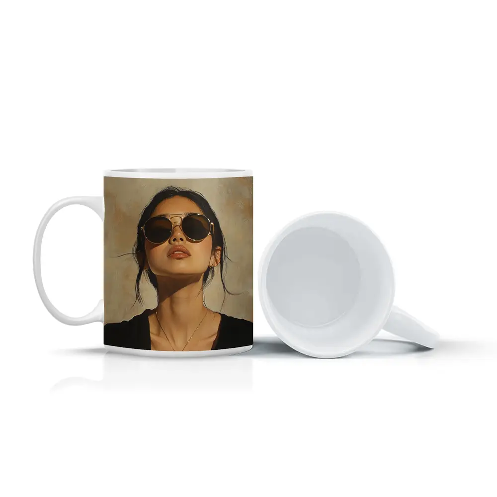 Woman Portrait Oil Painting Beige Background – Mugs