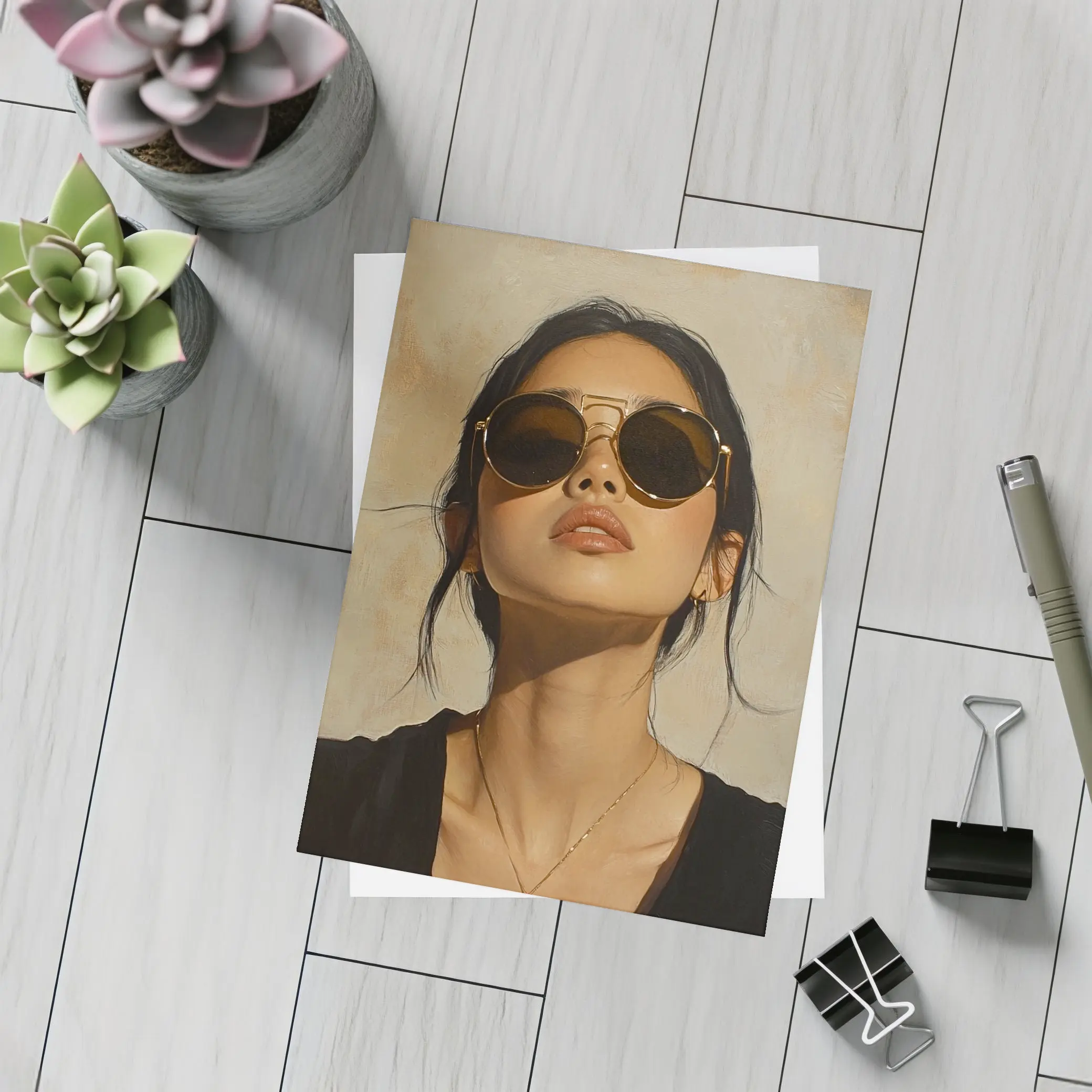 Woman Portrait Oil Painting Beige Background – Postcards