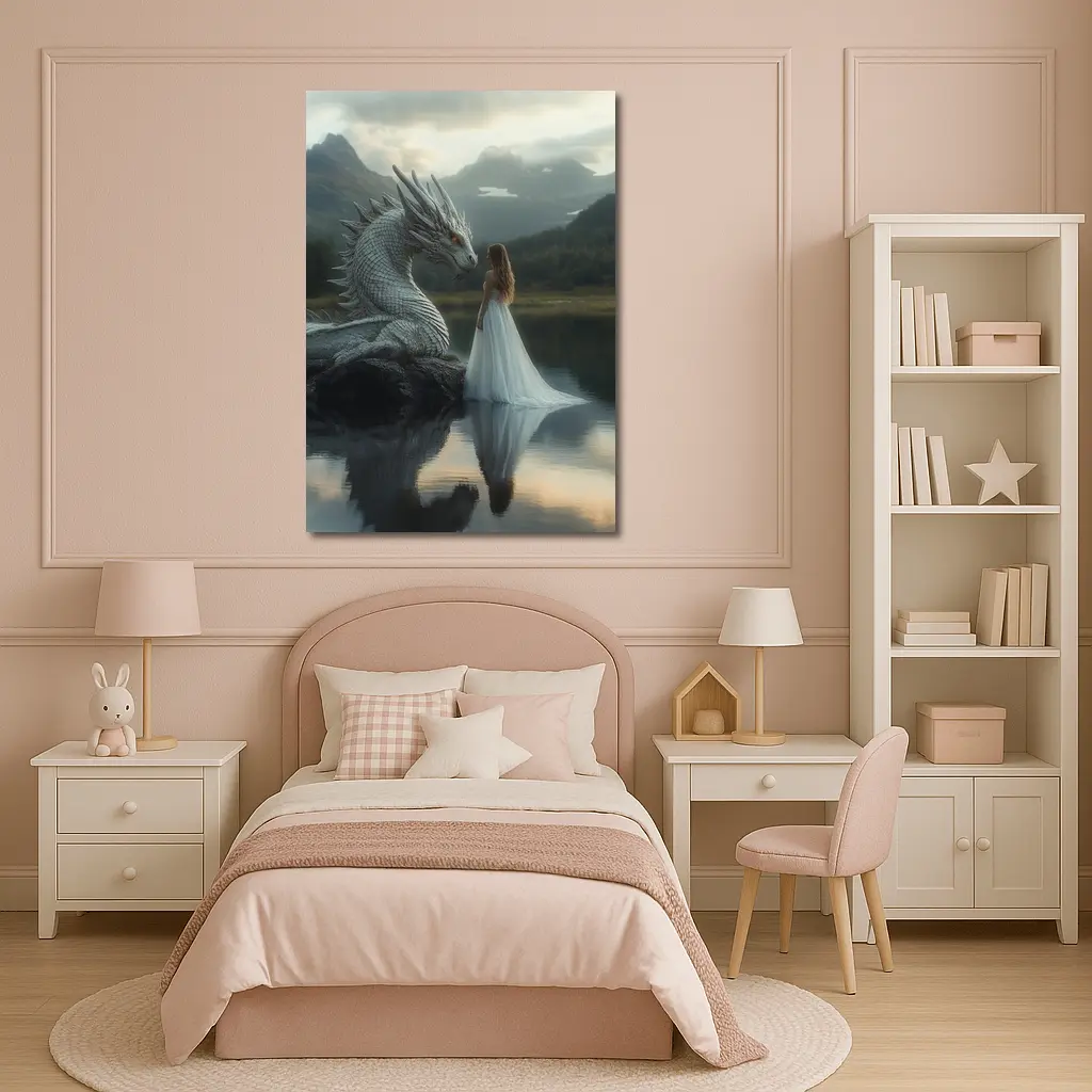 Woman in White Dress With Silver Dragon – Wall Art