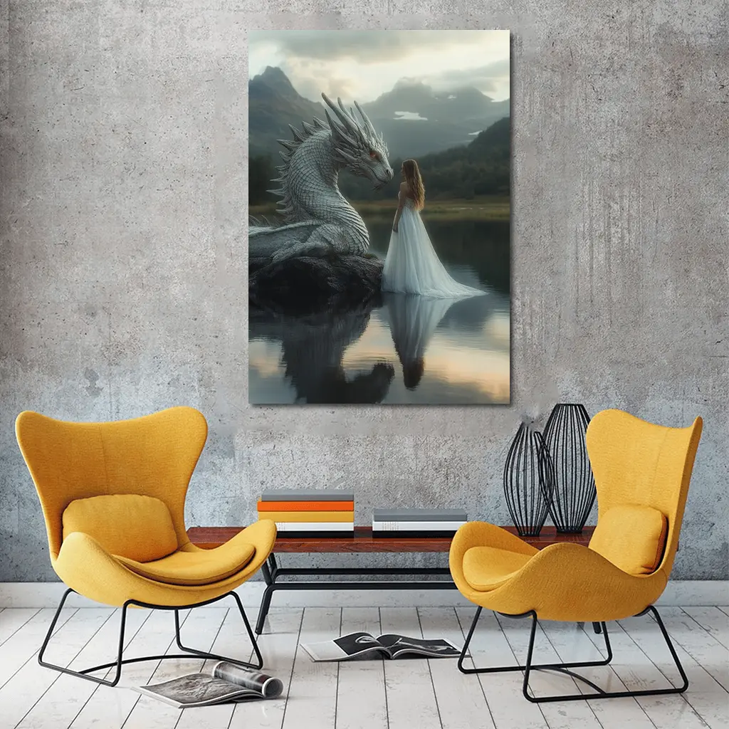 Woman in White Dress With Silver Dragon – Wall Art