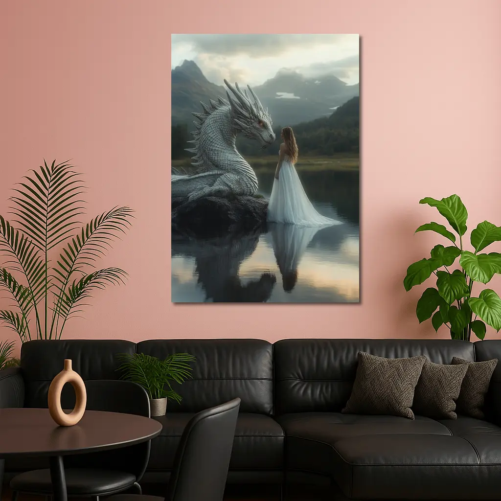 Woman in White Dress With Silver Dragon – Wall Art