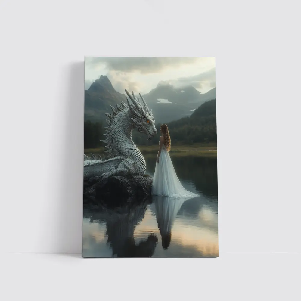 Woman in White Dress With Silver Dragon – Wall Art