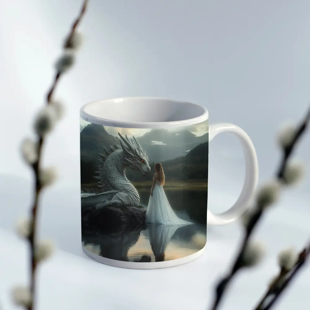 Woman in White Dress With Silver Dragon – Mugs