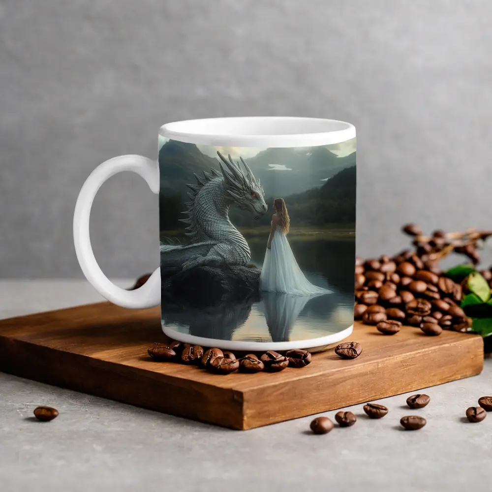 Woman in White Dress With Silver Dragon – Mugs