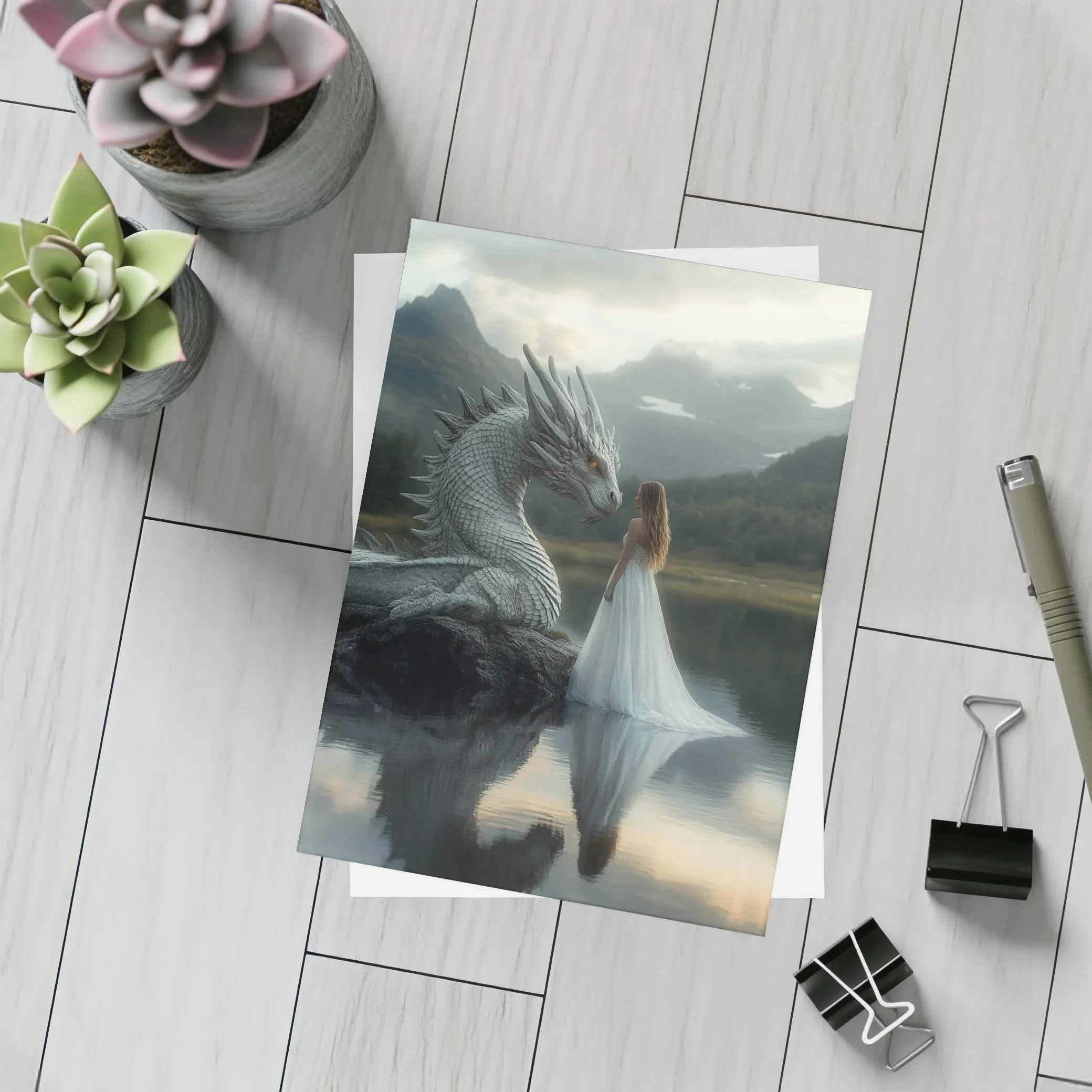 Woman in White Dress With Silver Dragon – Postcards