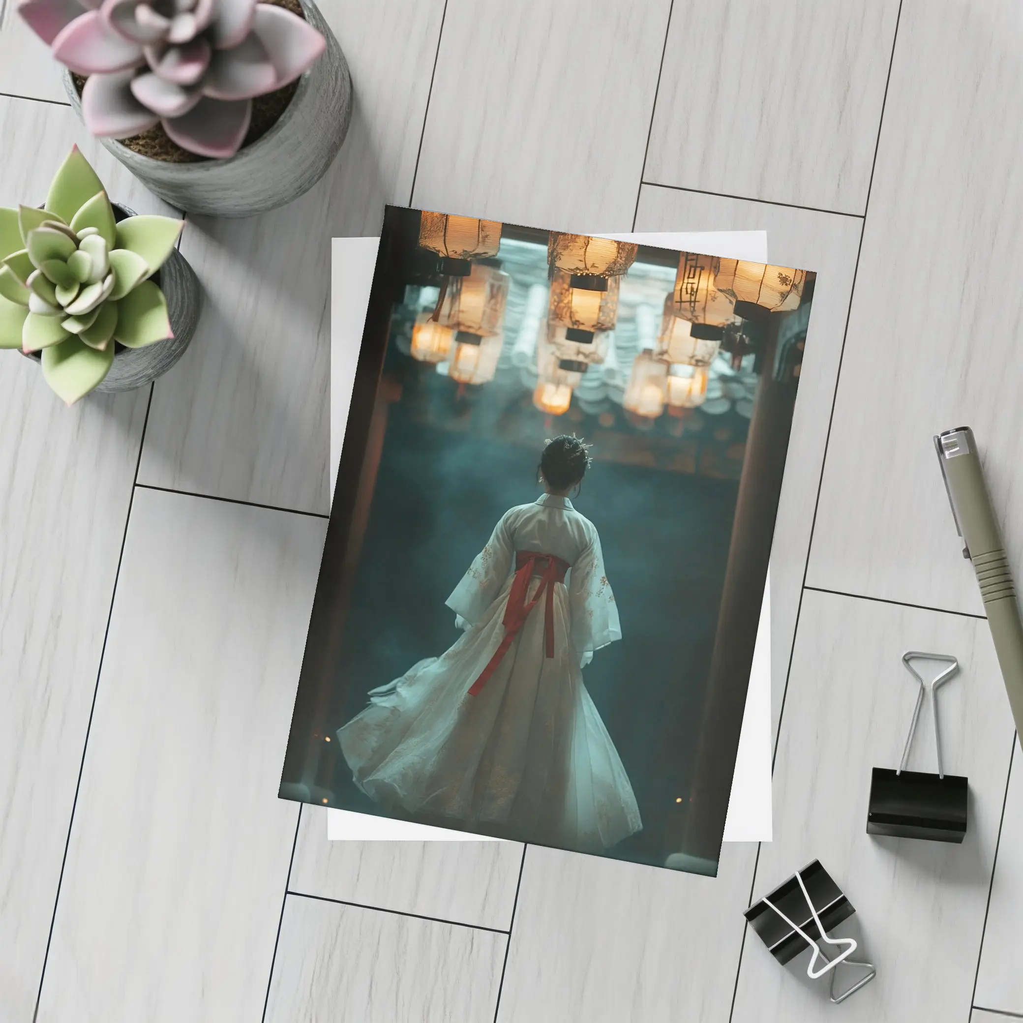 Woman Hanfu Dress Under Glowing Lanterns – Postcards