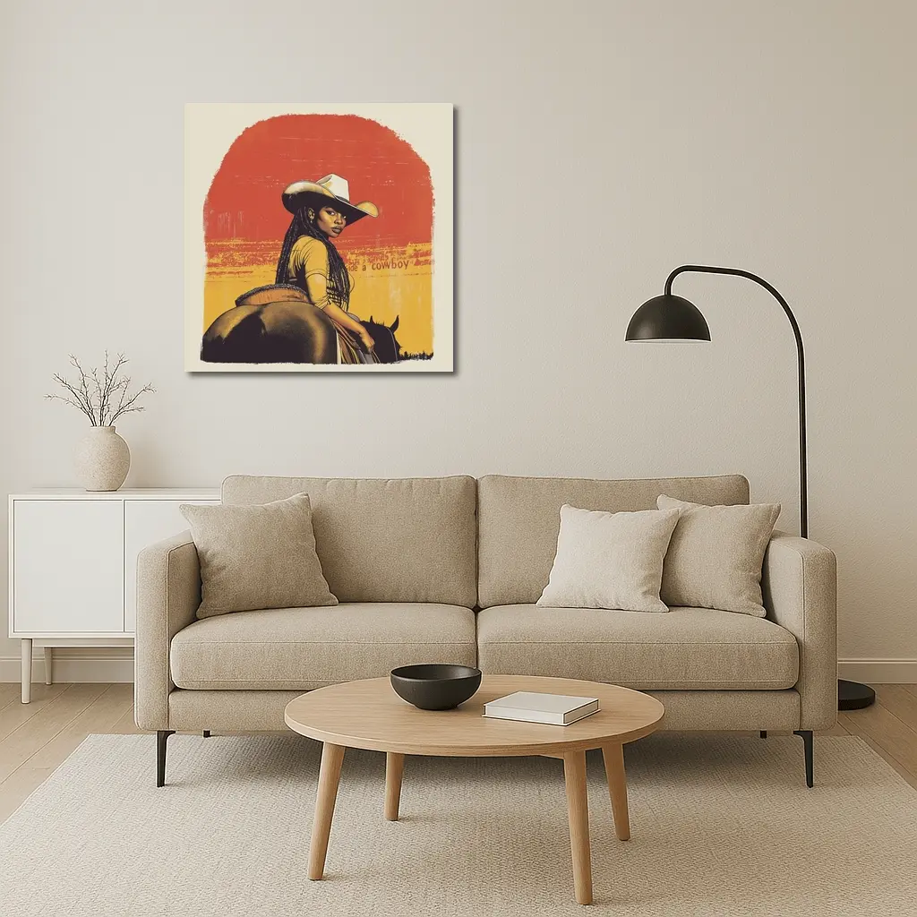 Black Cowgirl Riding Horse Retro Western Art – Wall Art
