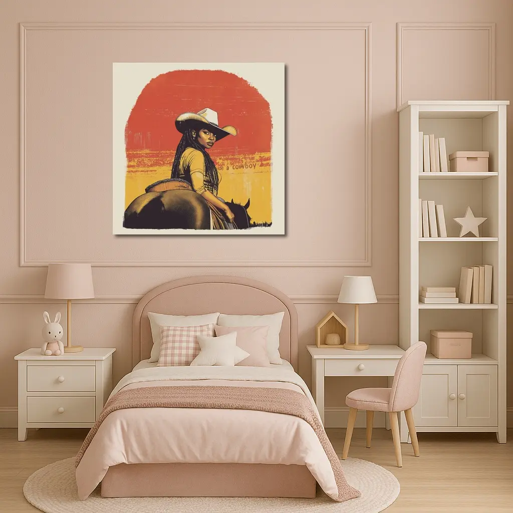 Black Cowgirl Riding Horse Retro Western Art – Wall Art