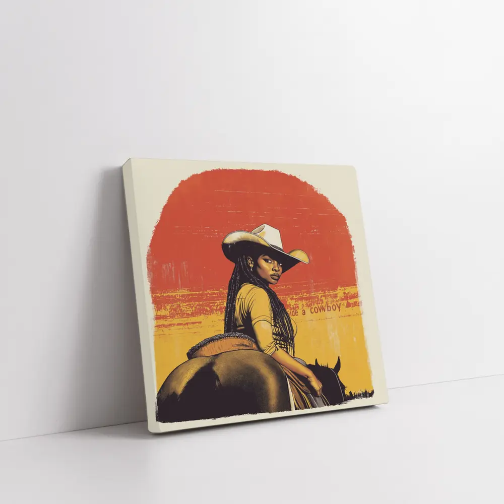 Black Cowgirl Riding Horse Retro Western Art – Wall Art