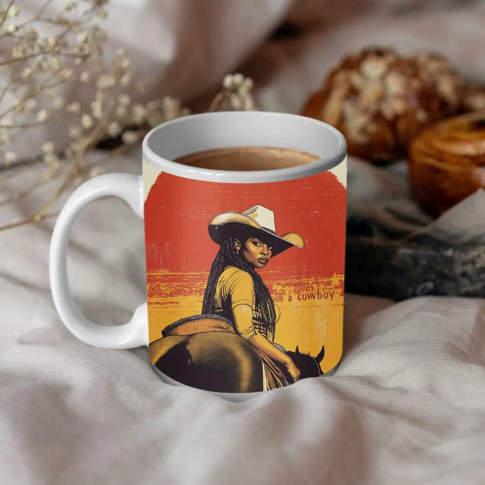 Black Cowgirl Riding Horse Retro Western Art – Mugs