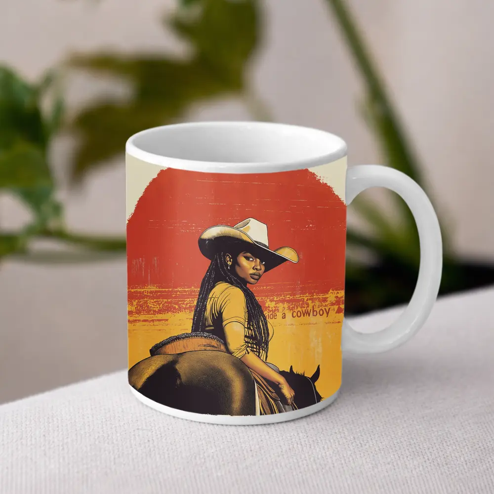 Black Cowgirl Riding Horse Retro Western Art – Mugs
