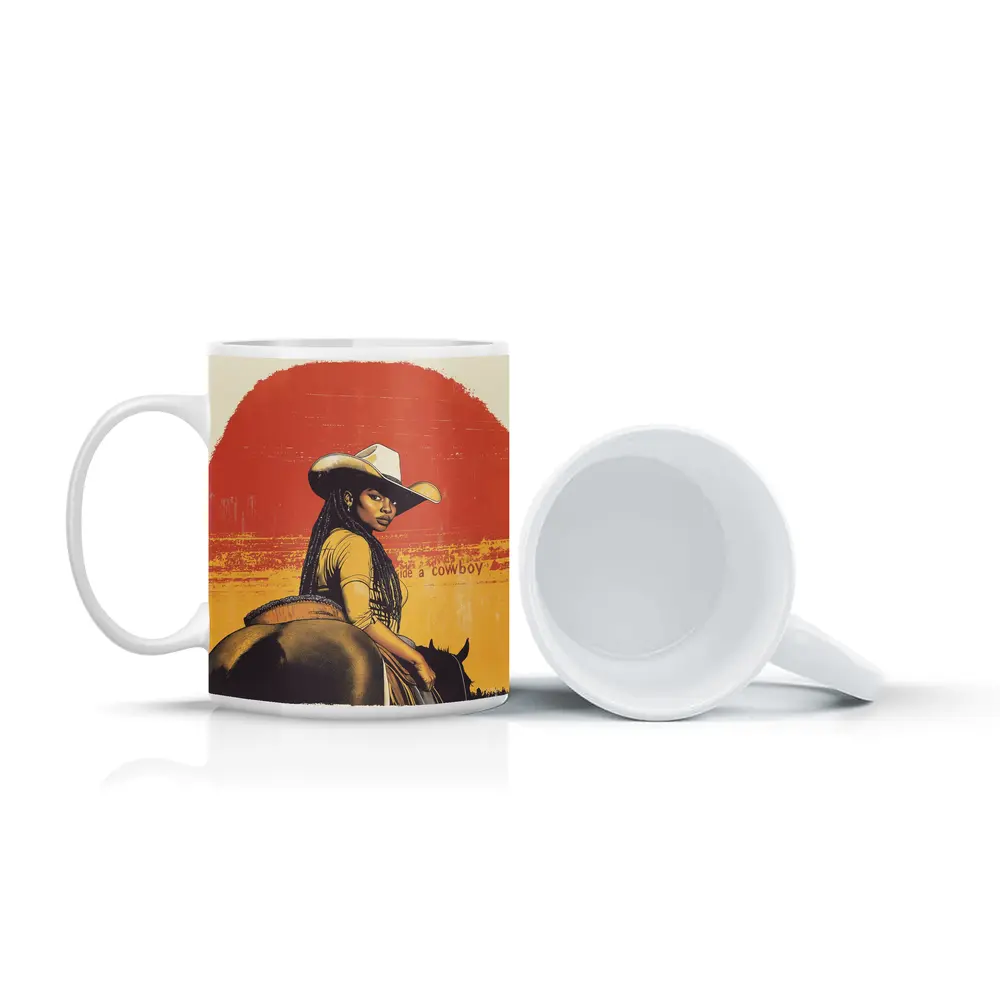 Black Cowgirl Riding Horse Retro Western Art – Mugs