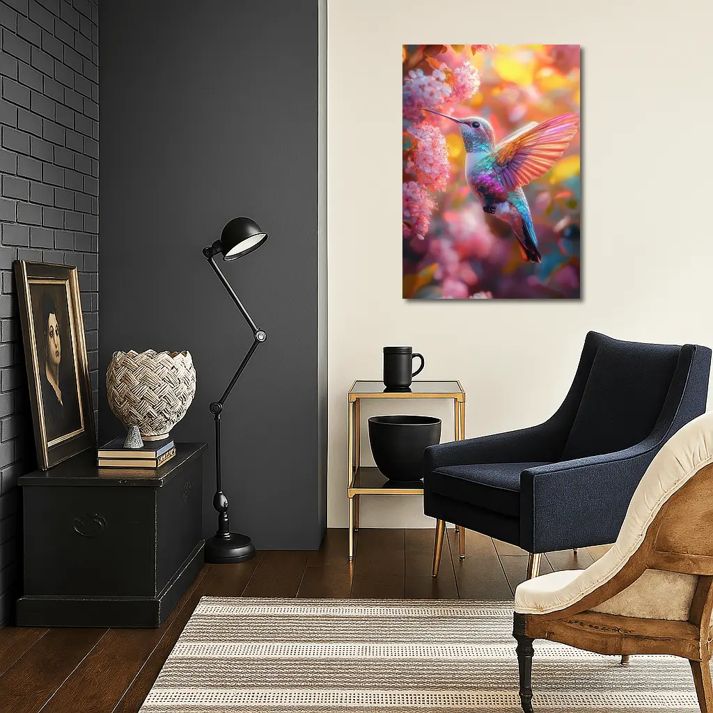 Hummingbird Flying Among Pink Cherry Blossoms – Wall Art