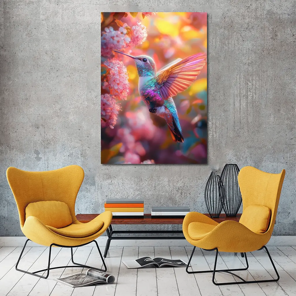 Hummingbird Flying Among Pink Cherry Blossoms – Wall Art