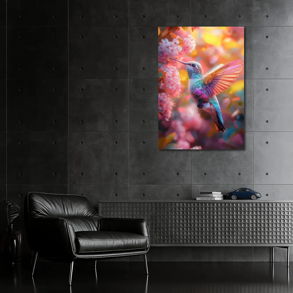 Hummingbird Flying Among Pink Cherry Blossoms – Wall Art