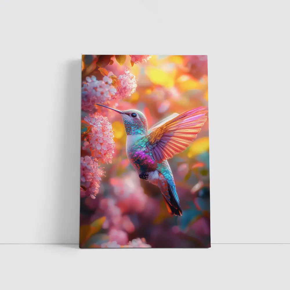 Hummingbird Flying Among Pink Cherry Blossoms – Wall Art