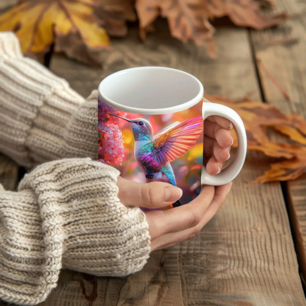Hummingbird Flying Among Pink Cherry Blossoms – Mugs