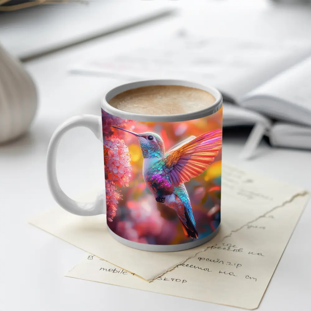 Hummingbird Flying Among Pink Cherry Blossoms – Mugs