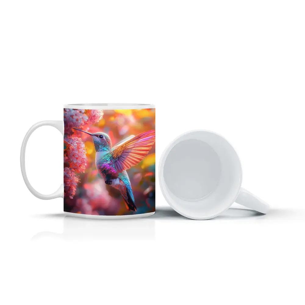 Hummingbird Flying Among Pink Cherry Blossoms – Mugs