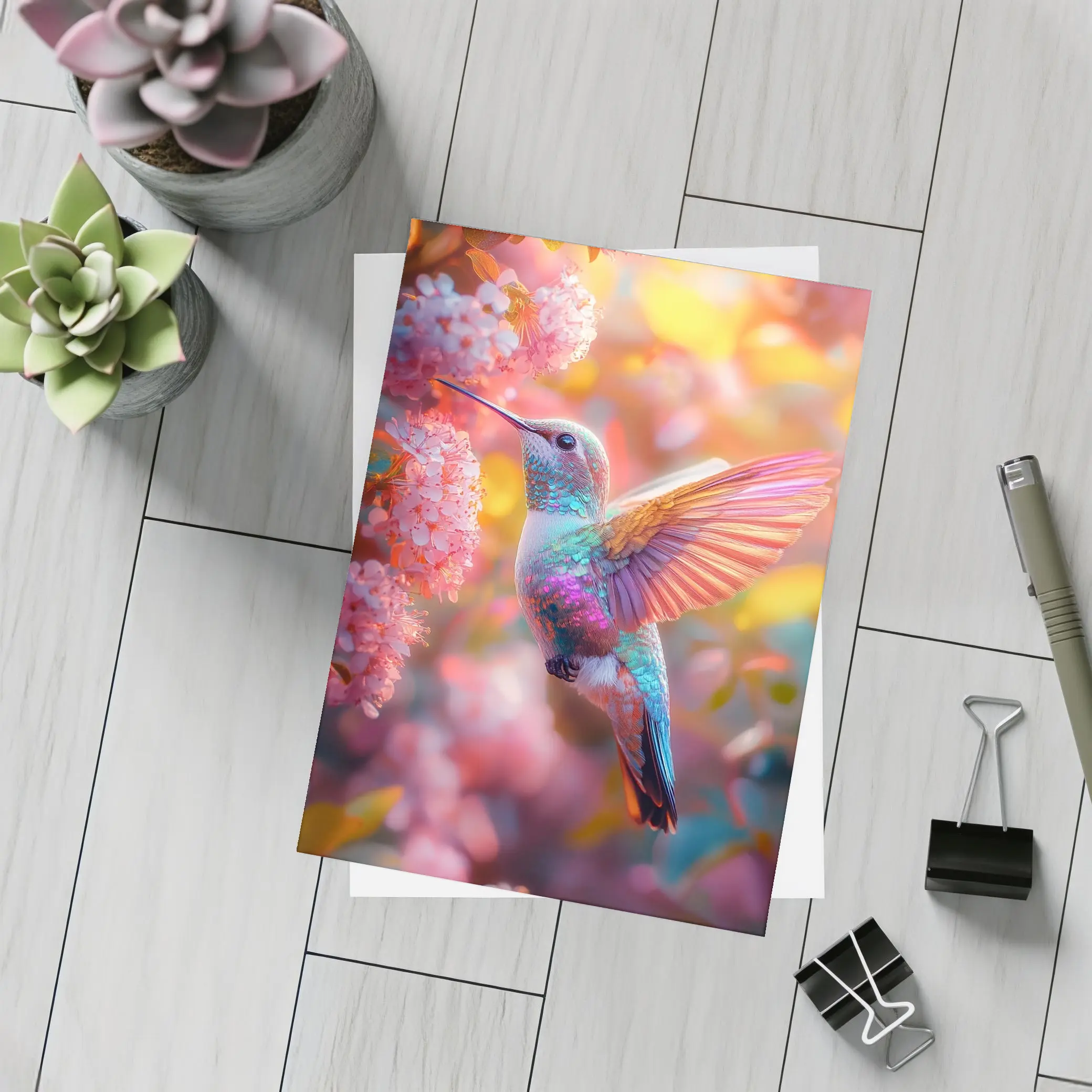 Hummingbird Flying Among Pink Cherry Blossoms – Postcards