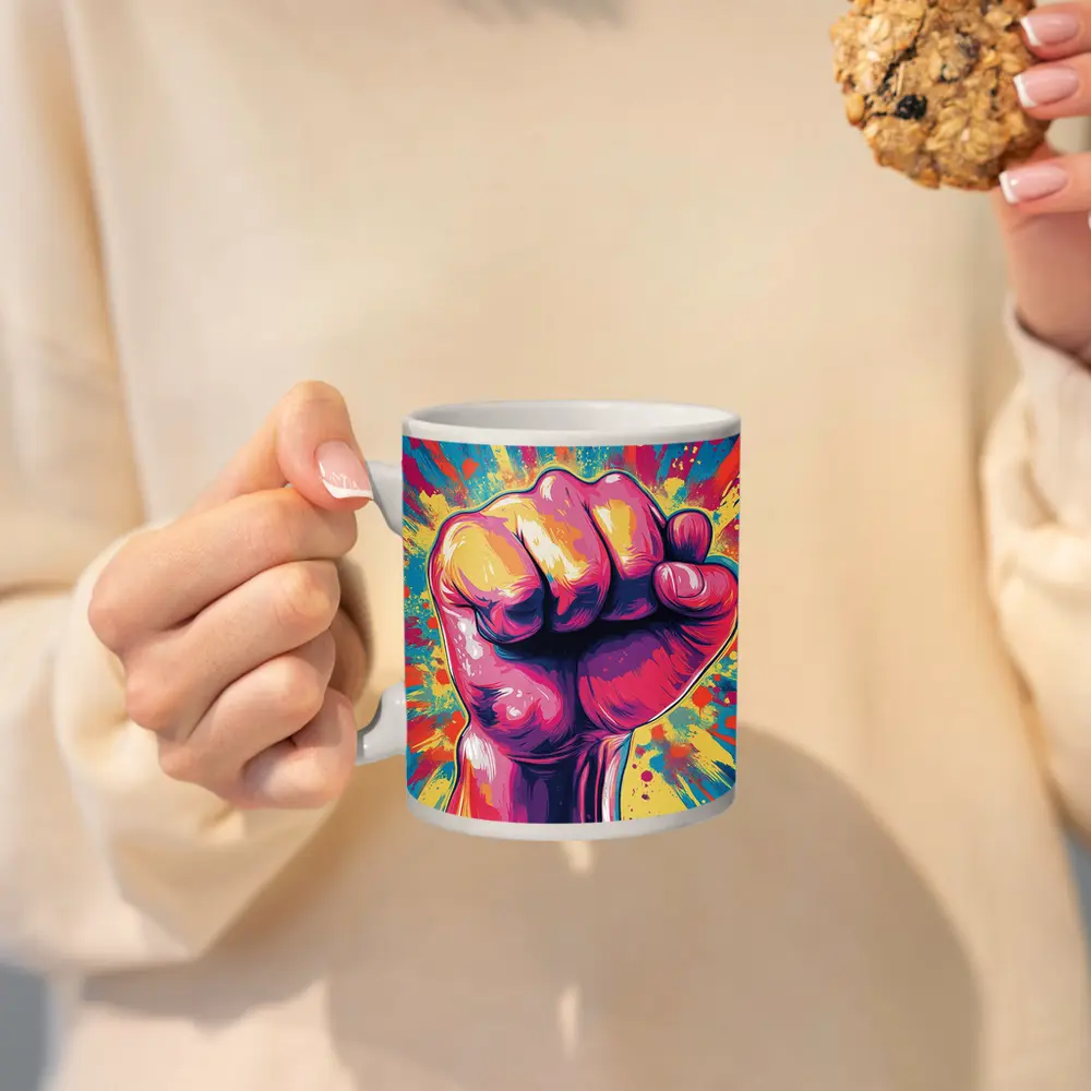 Raised Fist Pop Art Colorful Splash Background – Mugs