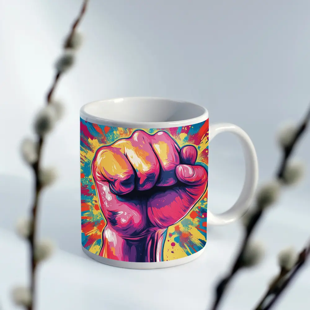 Raised Fist Pop Art Colorful Splash Background – Mugs