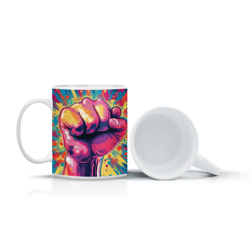 Raised Fist Pop Art Colorful Splash Background – Mugs