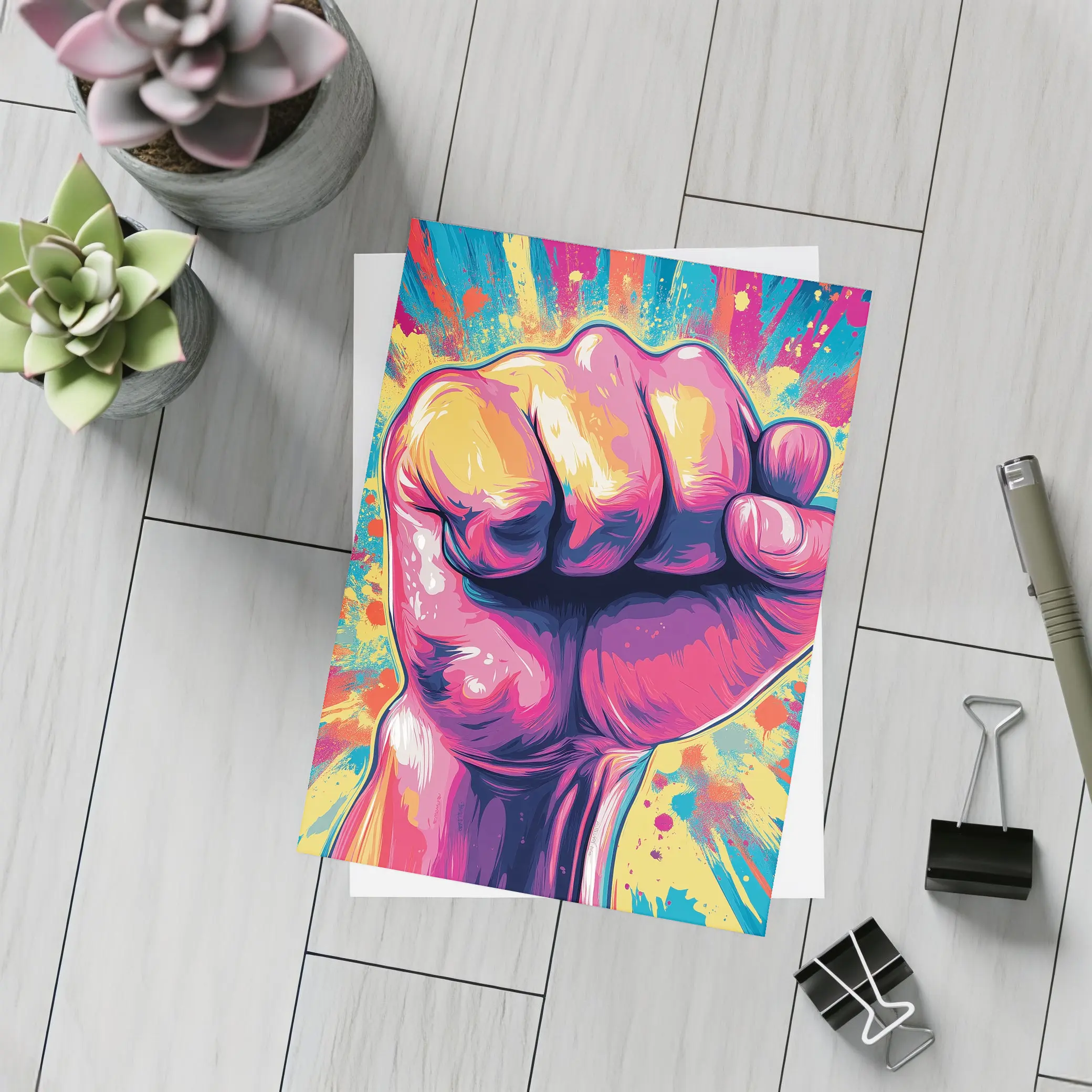 Raised Fist Pop Art Colorful Splash Background – Postcards