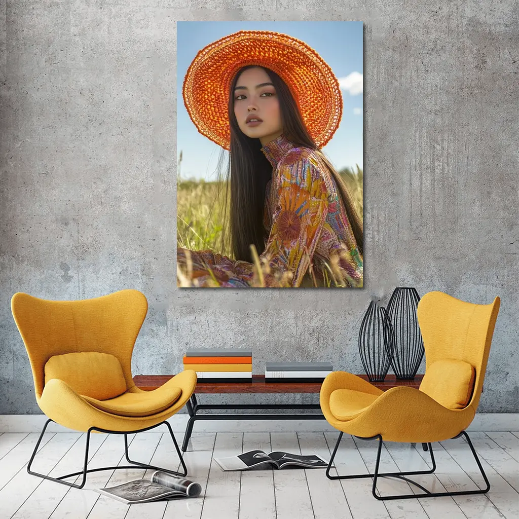 Asian Woman Orange Hat Field Portrait – Wall Art