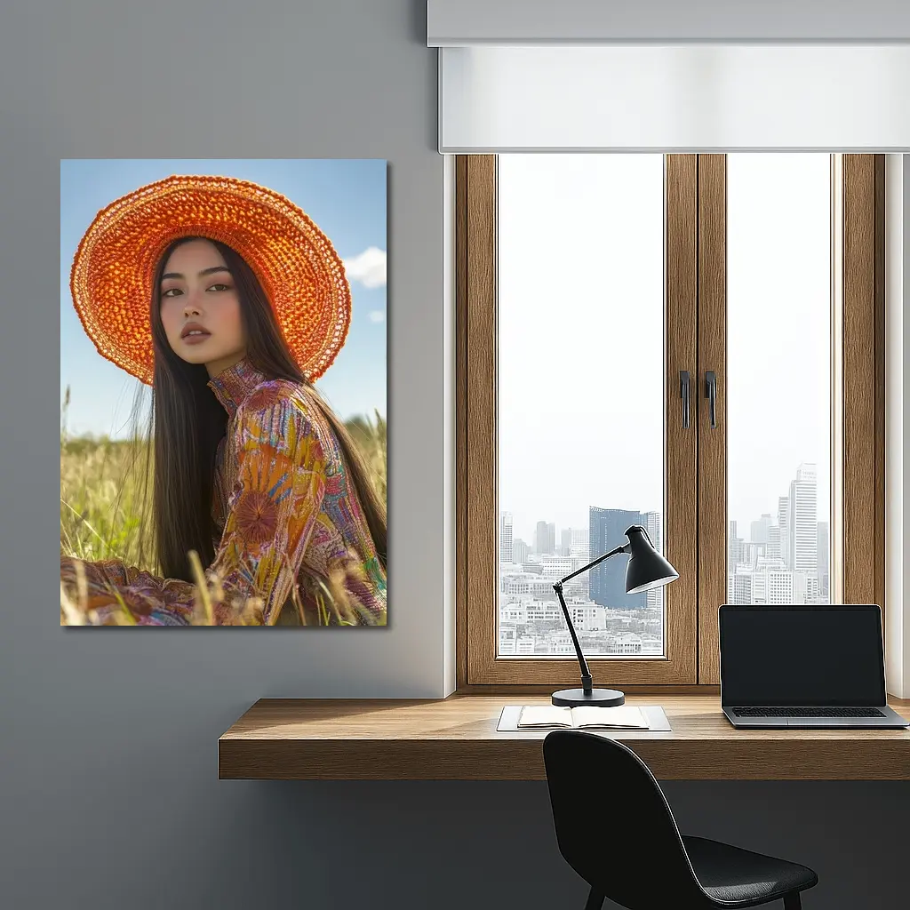 Asian Woman Orange Hat Field Portrait – Wall Art