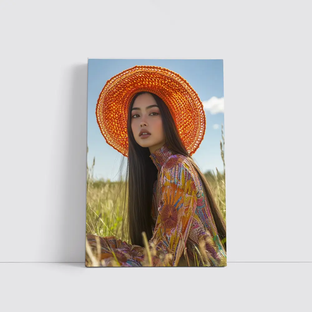 Asian Woman Orange Hat Field Portrait – Wall Art