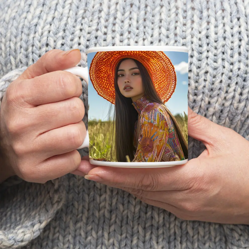 Asian Woman Orange Hat Field Portrait – Mugs