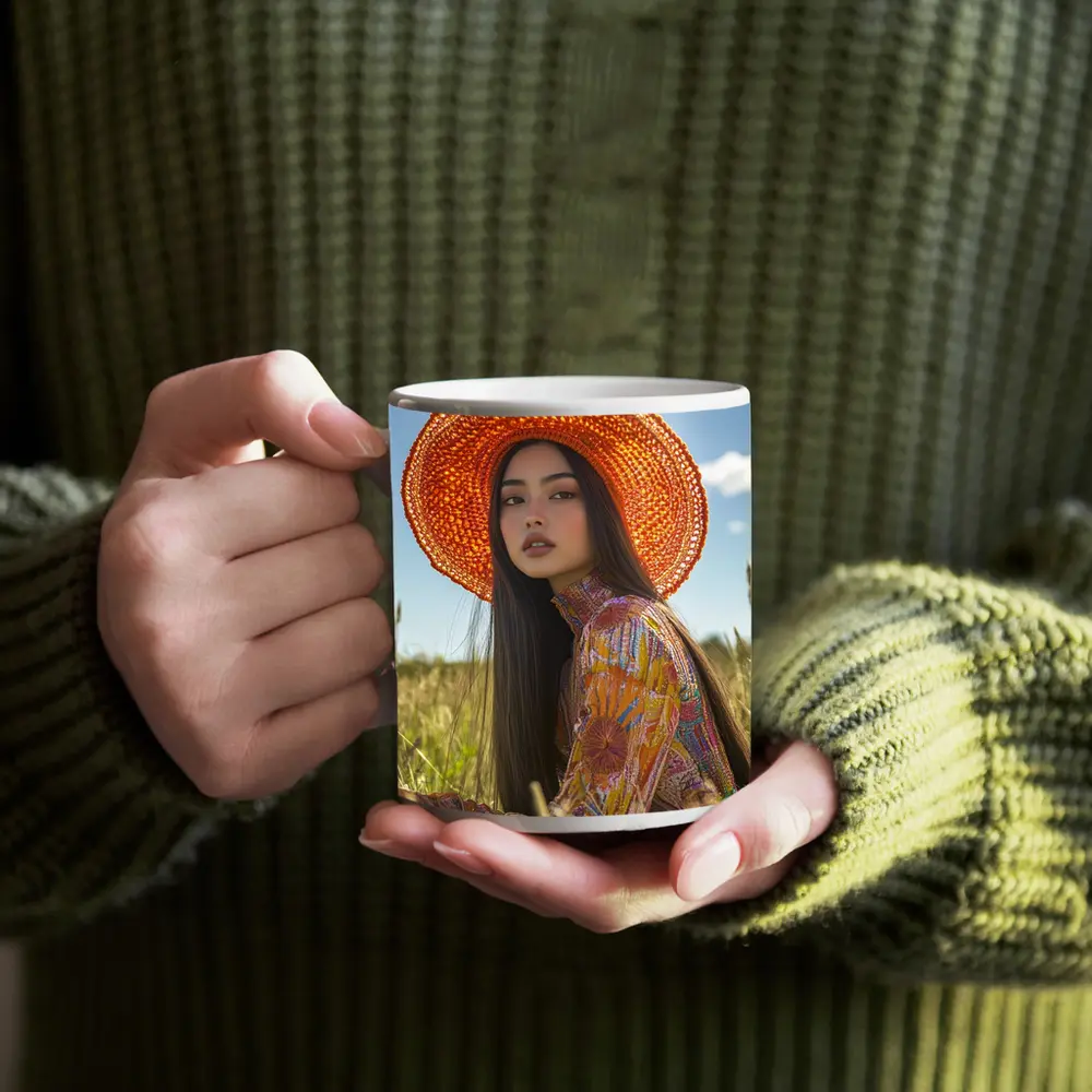 Asian Woman Orange Hat Field Portrait – Mugs