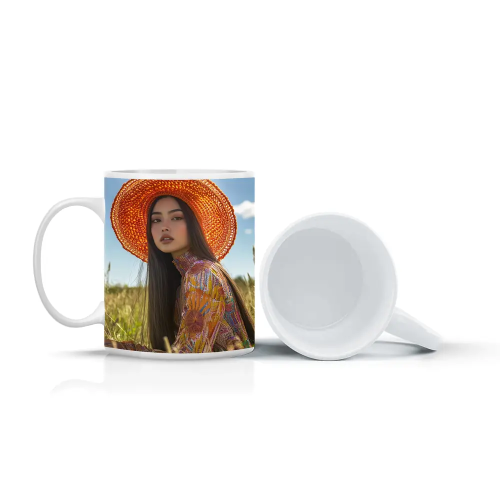 Asian Woman Orange Hat Field Portrait – Mugs
