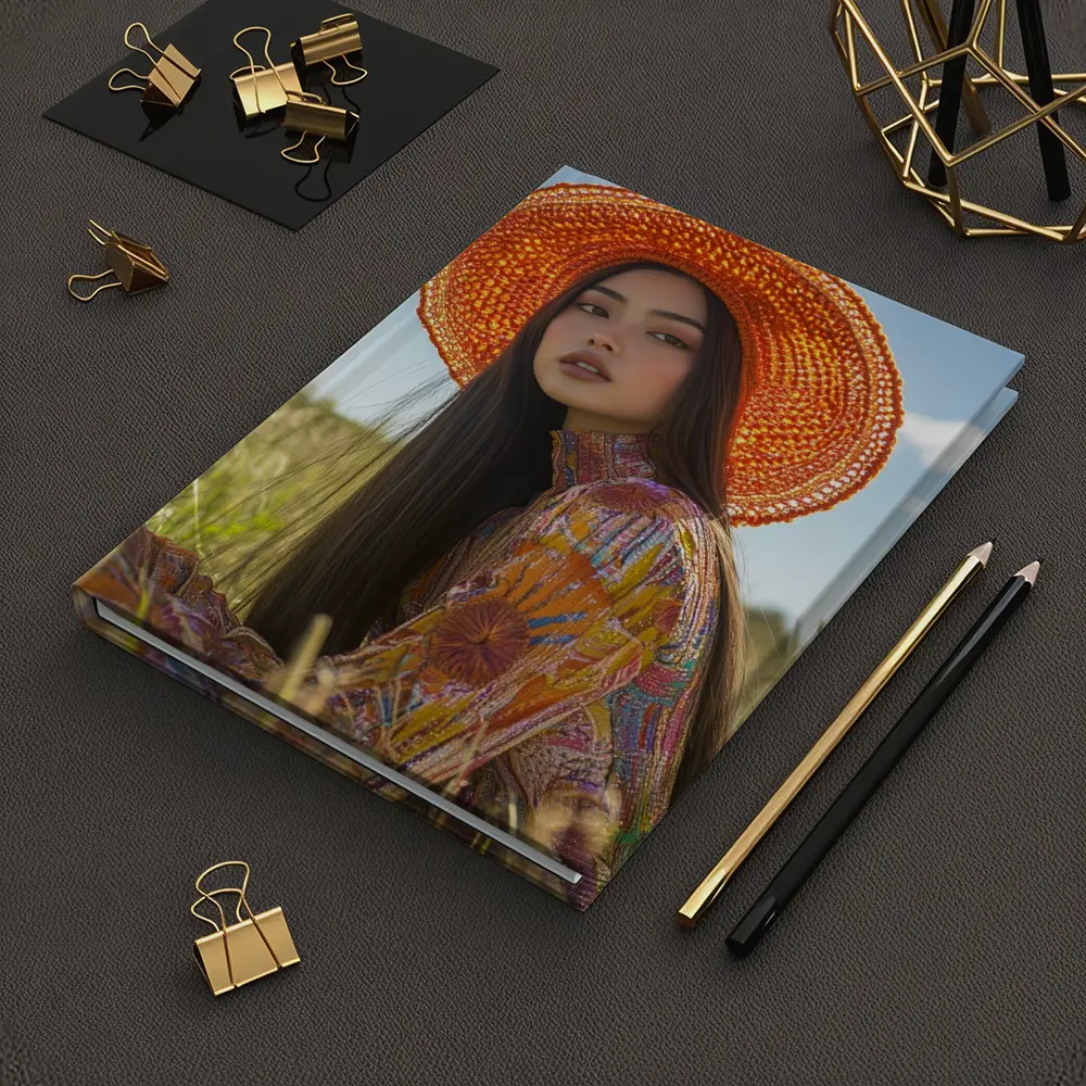 Asian Woman Orange Hat Field Portrait – Notebooks