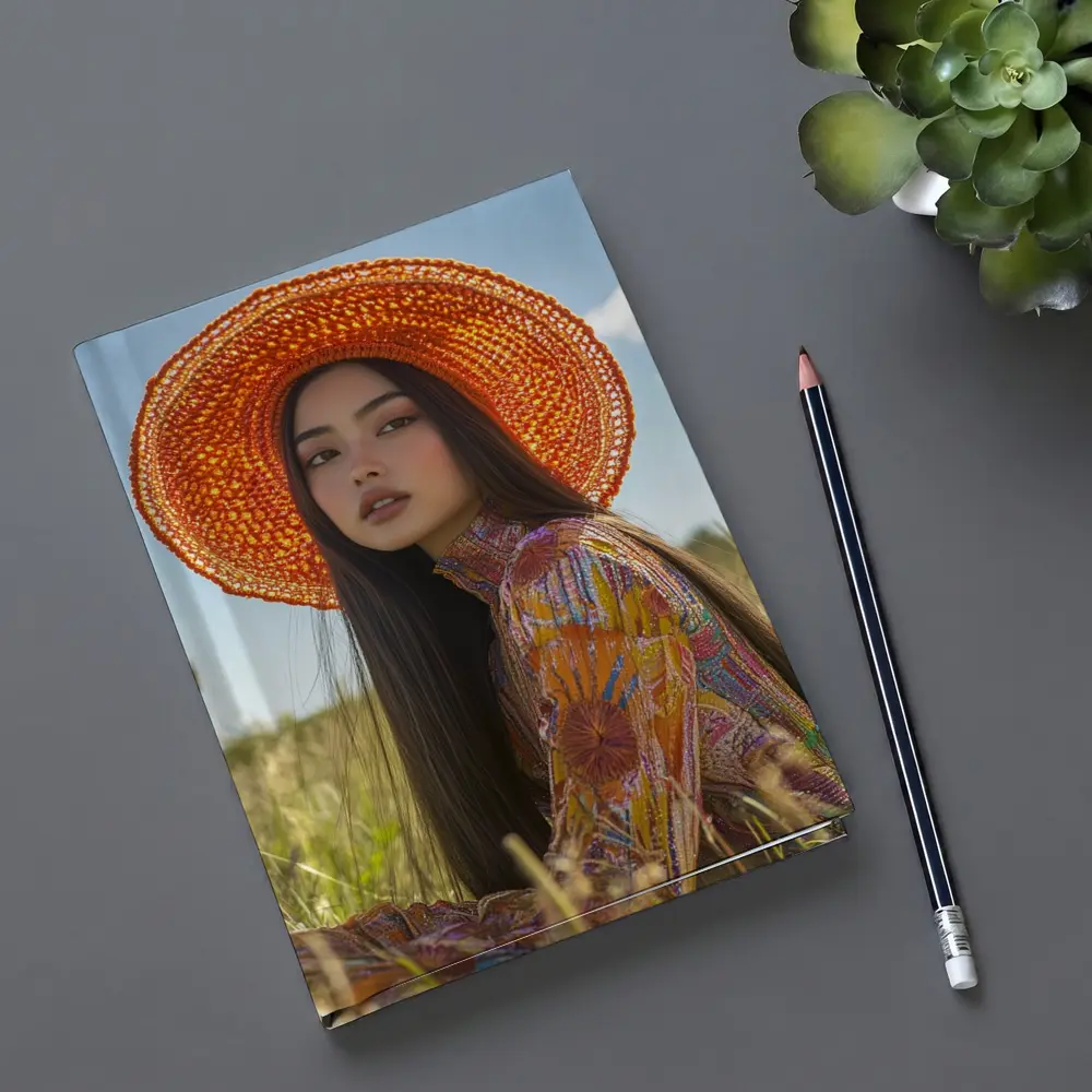 Asian Woman Orange Hat Field Portrait – Notebooks