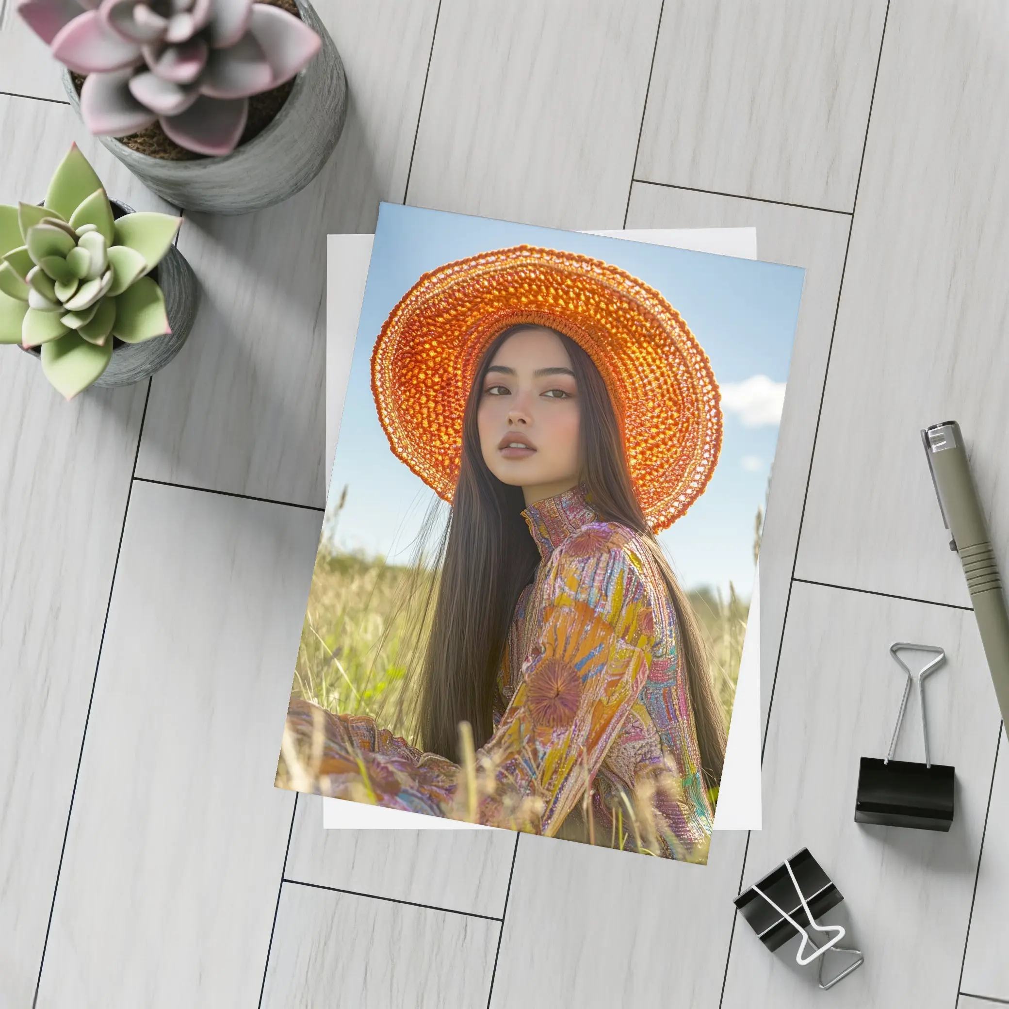 Asian Woman Orange Hat Field Portrait – Postcards