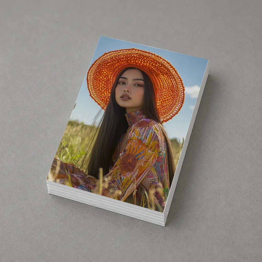 Asian Woman Orange Hat Field Portrait – Postcards