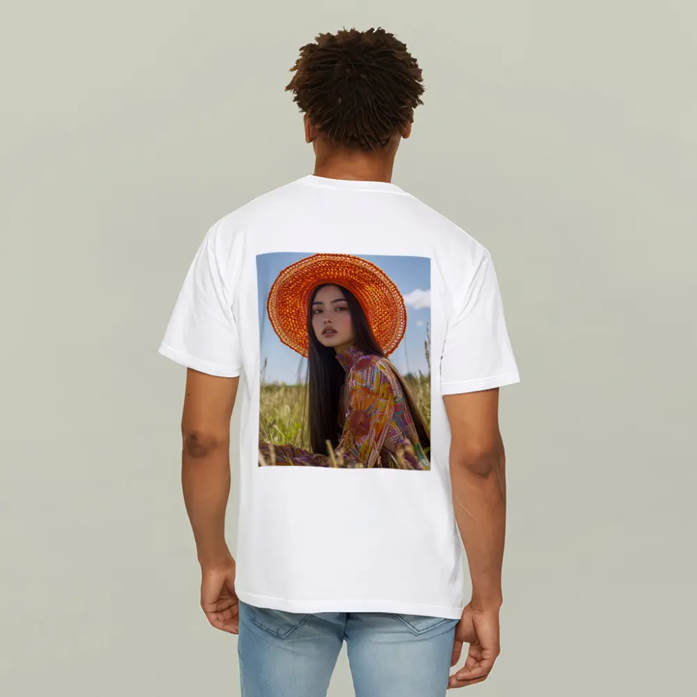 Asian Woman Orange Hat Field Portrait – T-Shirts