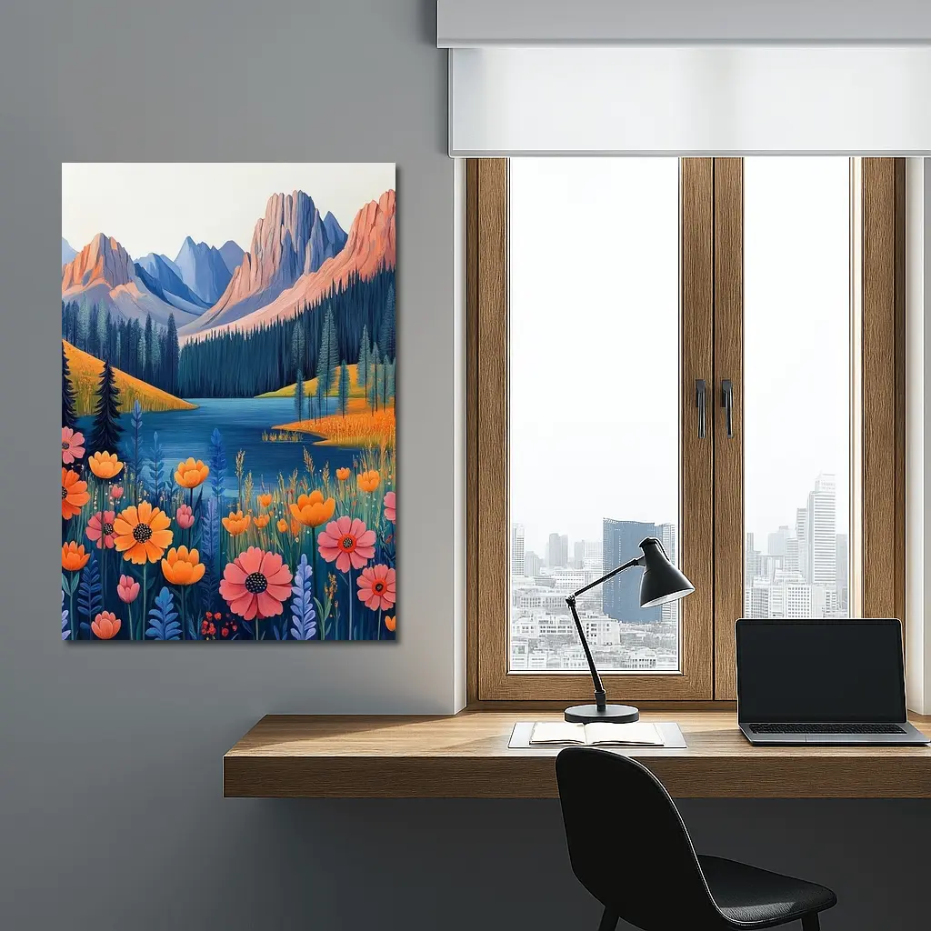 Mountain Lake Wildflower Meadow Illustration Art – Wall Art