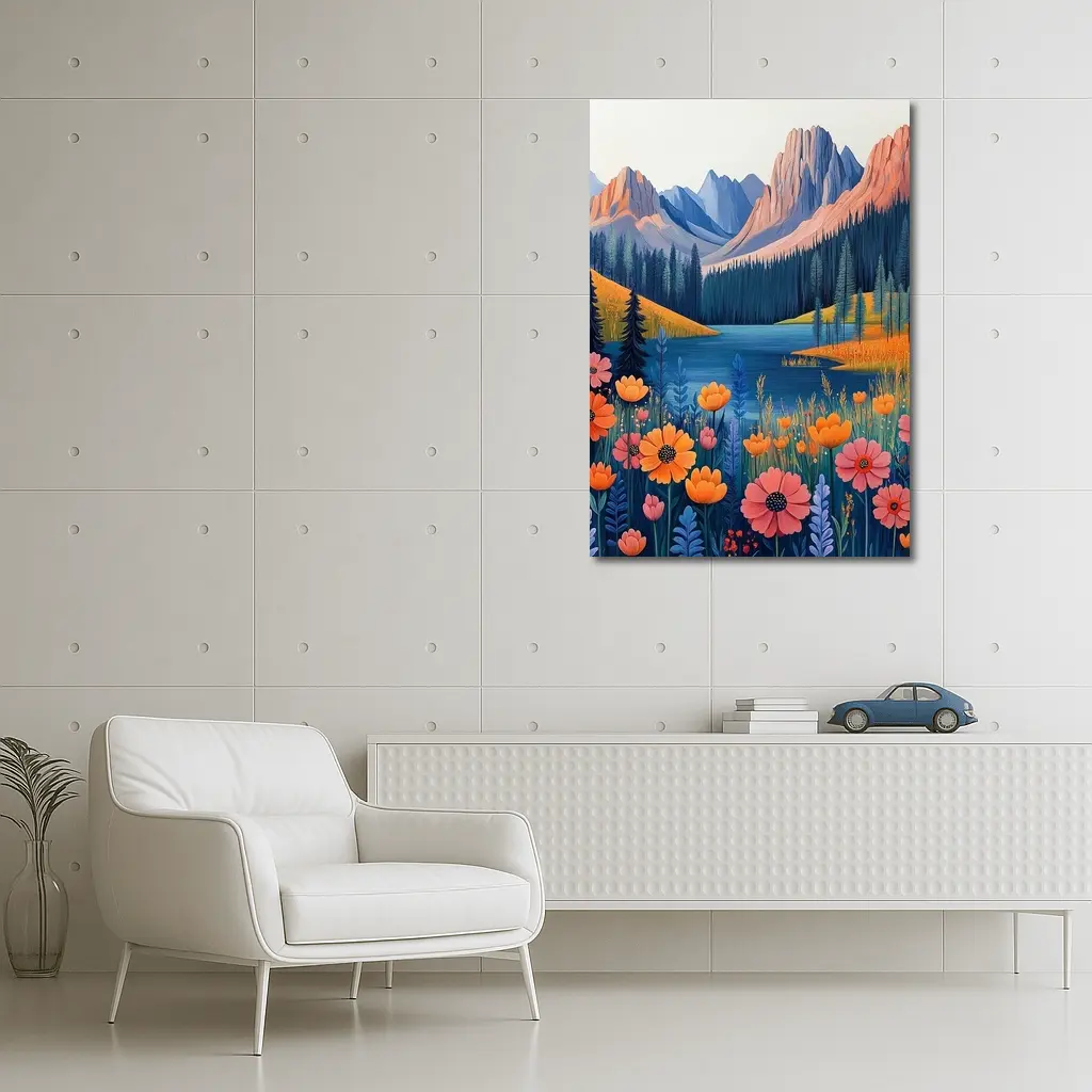 Mountain Lake Wildflower Meadow Illustration Art – Wall Art