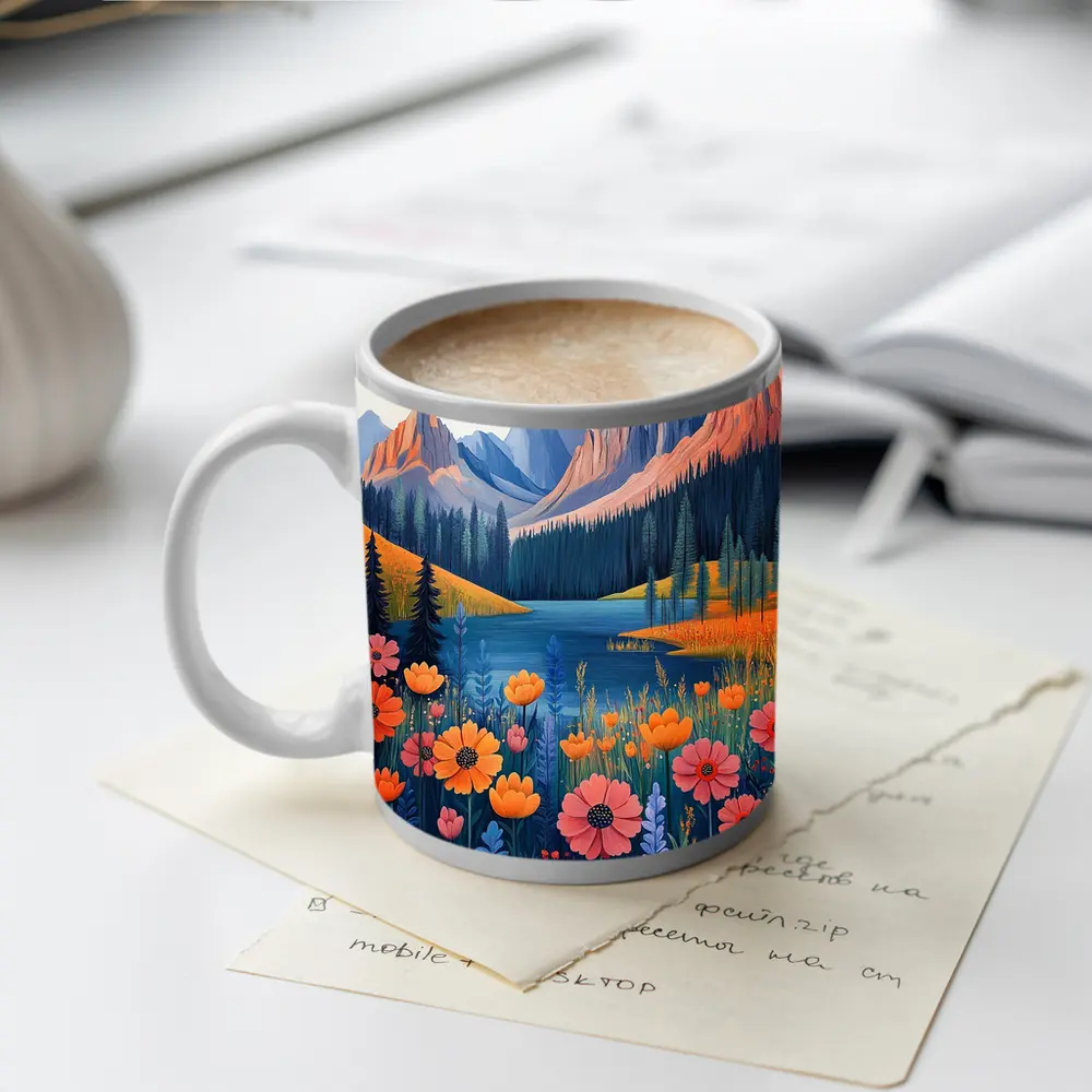 Mountain Lake Wildflower Meadow Illustration Art – Mugs