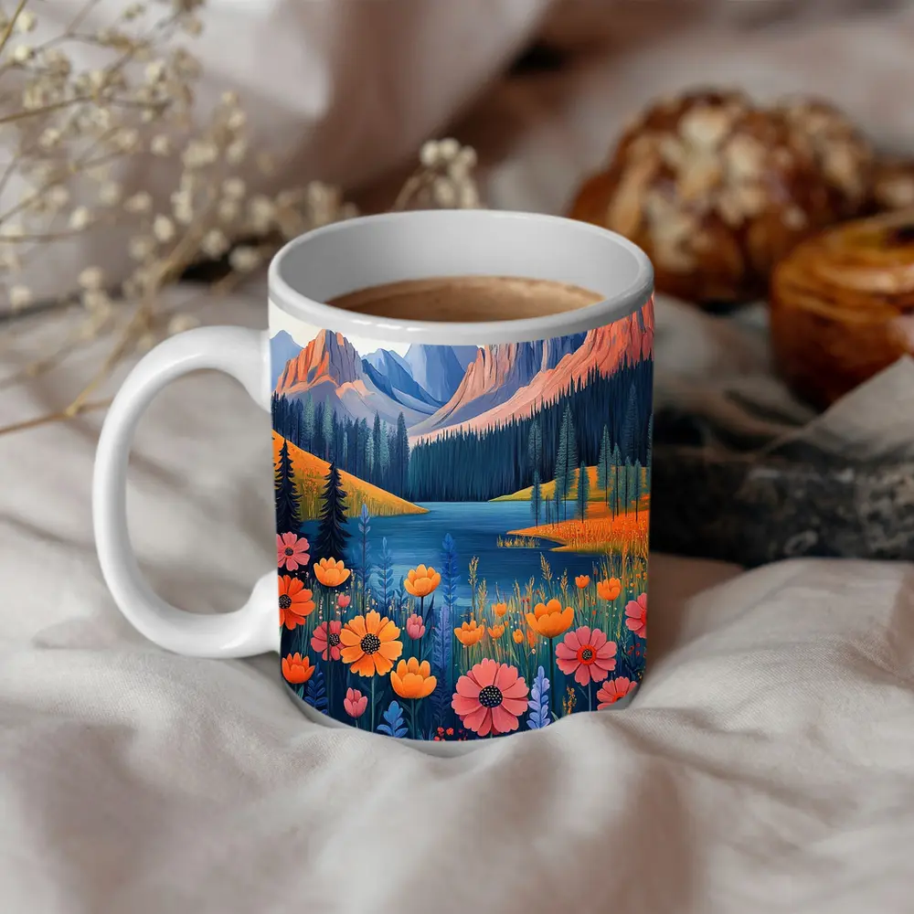Mountain Lake Wildflower Meadow Illustration Art – Mugs