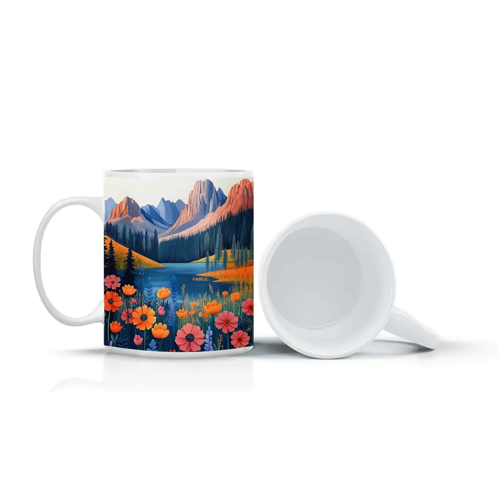Mountain Lake Wildflower Meadow Illustration Art – Mugs