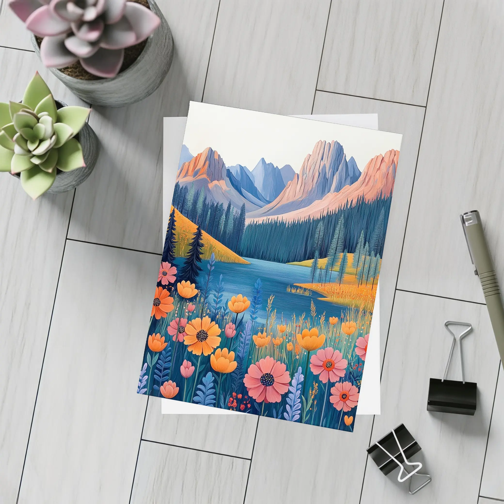 Mountain Lake Wildflower Meadow Illustration Art – Postcards