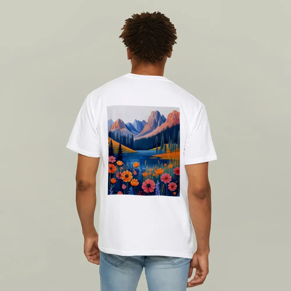 Mountain Lake Wildflower Meadow Illustration Art – T-Shirts